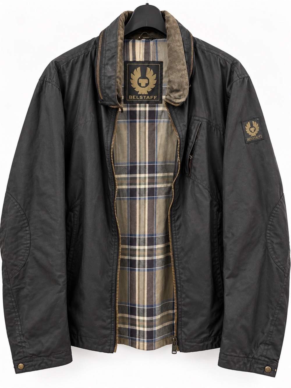 Belstaff Black Waxed Cotton Lightweight Jacket with Tartan Lining